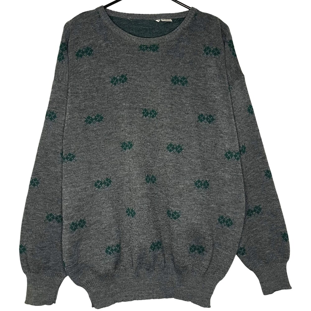 VTG Marshall Field Italian Wool Sweater Men 52 Large Gray Argyle Long Sleeve 80s
